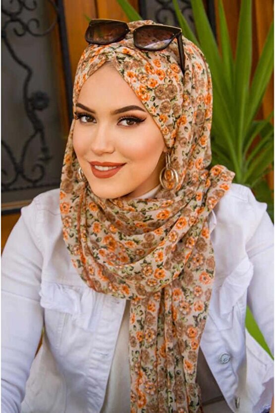 Vizon Bej Çiçek Desenli Hazır Şifon Şal