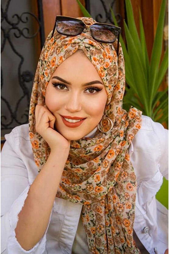 Vizon Bej Çiçek Desenli Hazır Şifon Şal