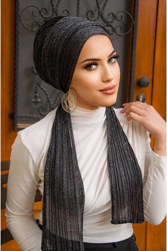 Siyah Gümüş Simli Piliseli Abiye Atkılı Bone