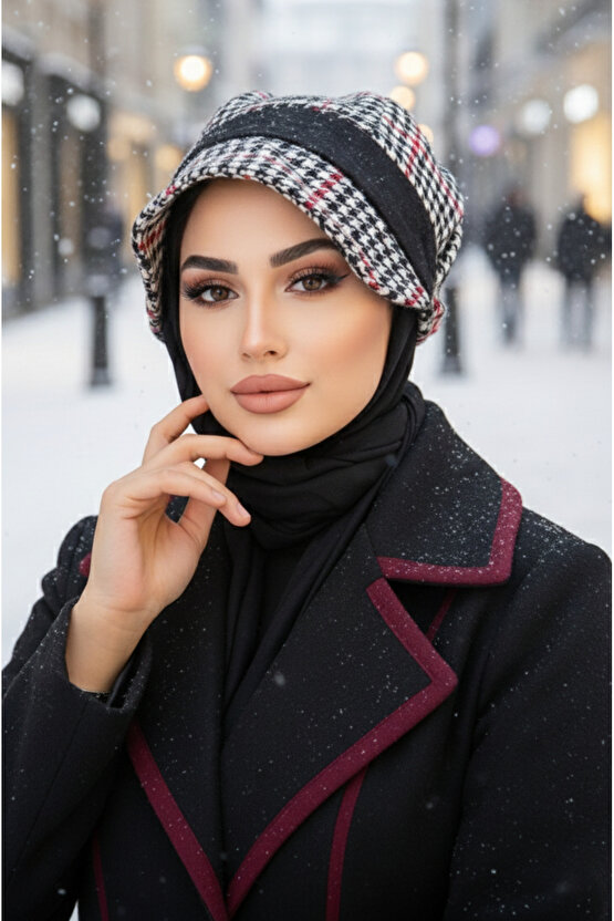 Siyah Kırmızı Kazayağı Desen Tesettür Şapka