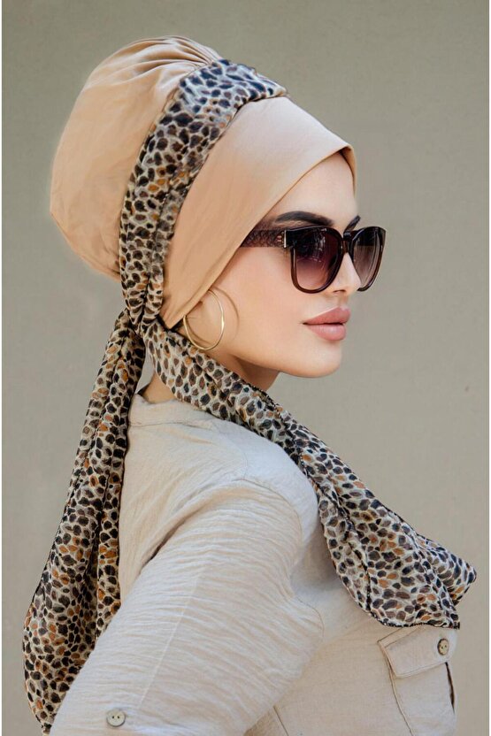 Bej Kahve Desen Fularlı Bone