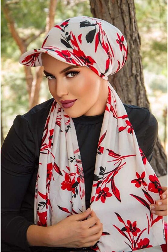 Kırmızı Beyaz Desen Şapkalı Bone Şal