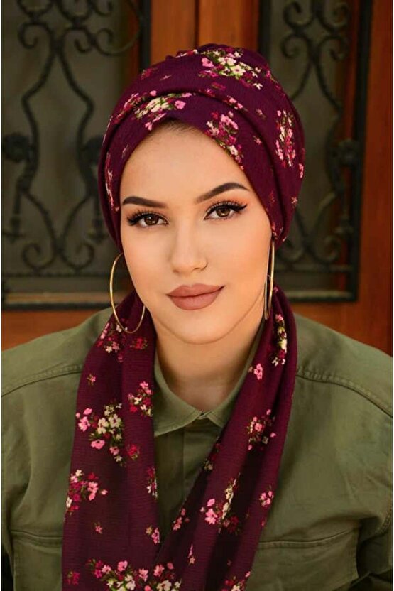 Mürdüm Buket Desenli Atkılı Bone