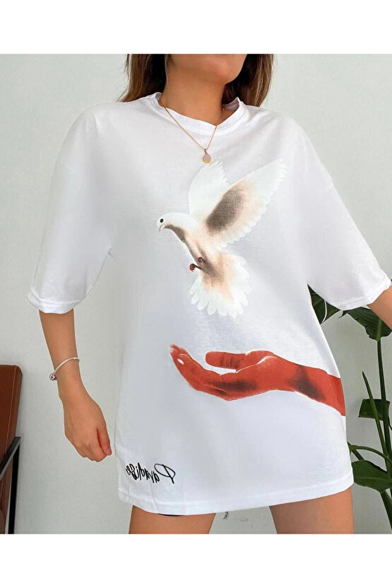 Kadın Dijital Baskılı T-Shirt - Beyaz