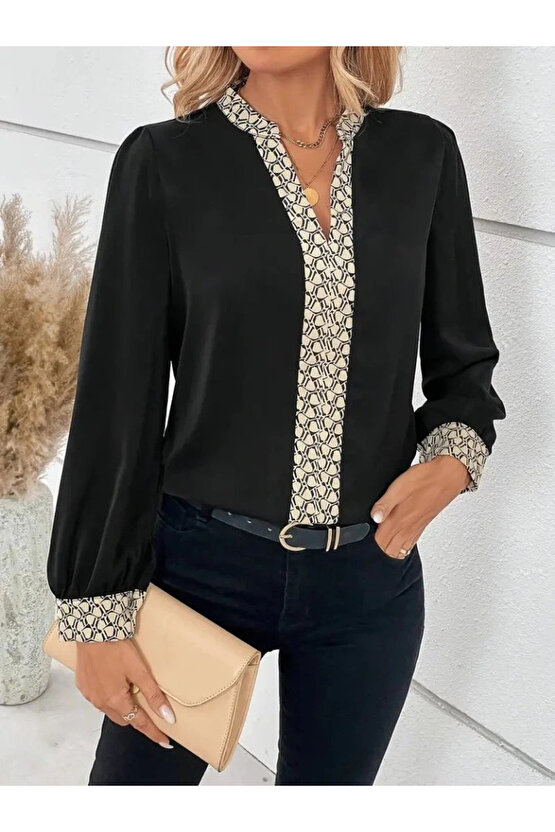 Kadın Uzun Kollu V Hakim Yakalı Desenli Ithal Krep Bluz