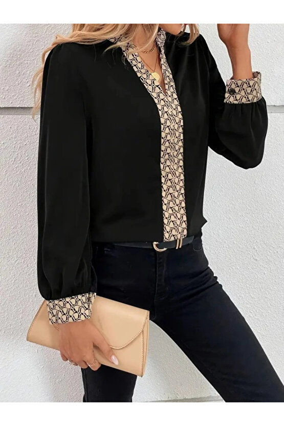 Kadın Uzun Kollu V Hakim Yakalı Desenli Ithal Krep Bluz