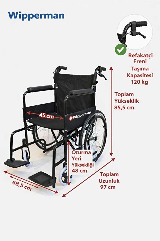 Wipperman marka Refakatçi Frenli Ekonomik Manuel Tekerlekli Sandalye
