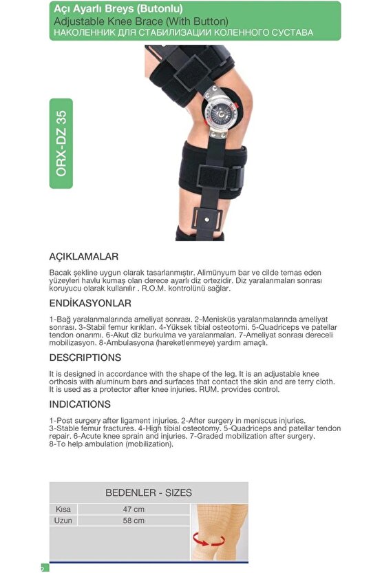 ORLEX Açı Ayarlı Breys (Butonlu) Adjustable Knee Brace (With Button) (Kısa 47 cm)