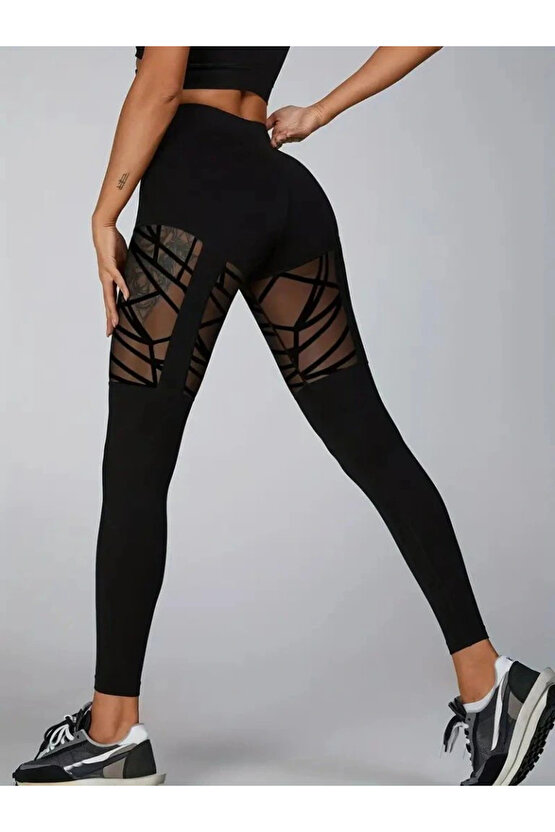 Kadın Yüksek Bel Tül Detaylı Spor Tayt