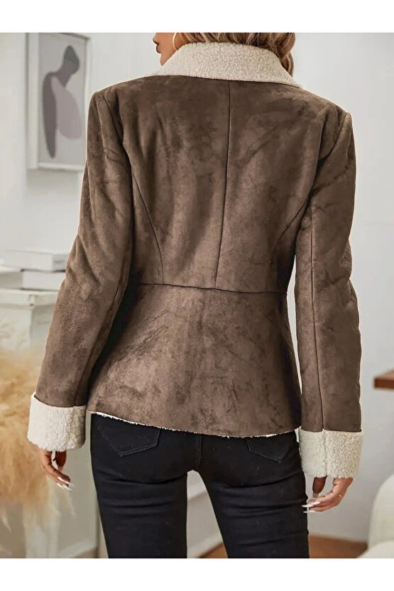 Kadın Uzun Kollu önden Düğmeli Cep Detaylı Kısa Süet Ceket