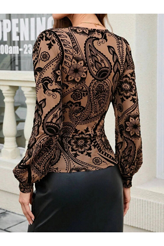 Kadın Uzun Kollu V Dantel Yakalı Modal Bluz