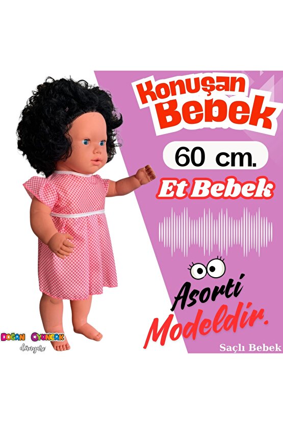 Oynar Gözlü Türkçe Konuşan Nazlı Saçlı Et Bebek 60 Cm. - Konuşabilen Bebek - Saçlı Büyük Bebek