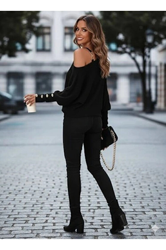 Kadın Uzun Kollu Tek Omuzdan Açık Askı Detaylı Waffle Bluz