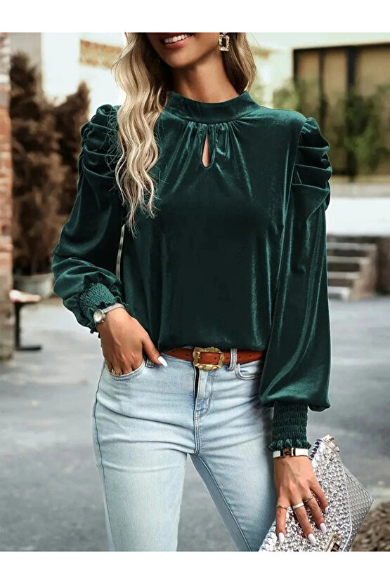 Kadın Uzun Kollu Balıkçı Yaka Damla Detaylı Kadife Bluz
