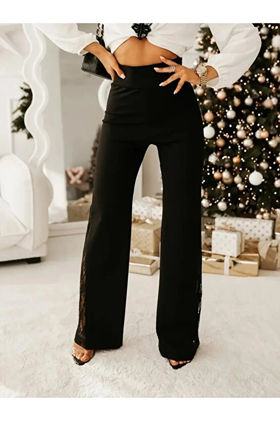 Kadın Yüksek Bel Yanlardan Dantelli Paçaya Doğru Geniş Kesim Detaylı Ithal Krep Pantolon