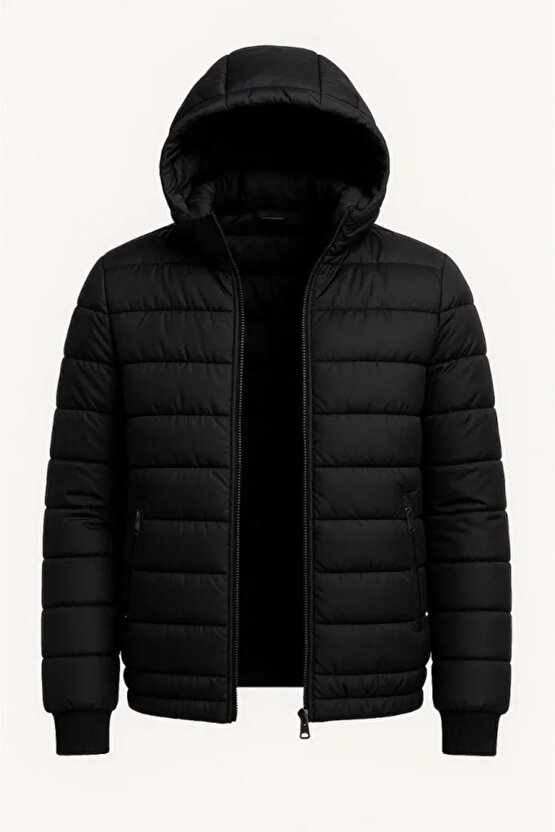 Erkek Şişme Kapüşonlu Fermuarlı Mont Su Itici Kapitone Astarlı Kumaş Cepli Kışlık Rahat Kalıp - Siya