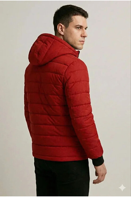 Erkek Şişme Kapüşonlu Fermuarlı Mont Su Itici Kapitone Astarlı Kumaş Cepli Kışlık Rahat Kalıp - Kırm