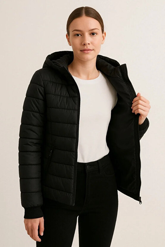 Kadın Şişme Kapüşonlu Fermuarlı Mont Su itici Kapitone Astarlı Kumaş Cepli Kışlık Rahat Kalıp - Siya