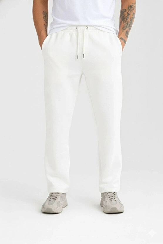 Erkek Üç Iplik Kışlık Pamuklu Ovarsize Bağcıklı Düz Paça Cepli Eşofman Altı Spor Rahat Model - Beyaz