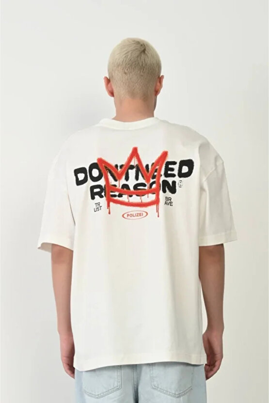 Unisex Bisiklet Yaka Baskılı Oversize T-Shirt - Beyaz