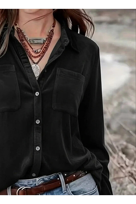 Kadın Uzun Kollu Yakalı önden Düğmeli Cep Detaylı Kadife Gömlek