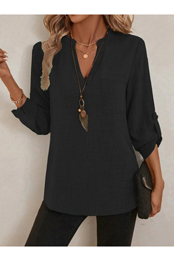 Kadın Truvakar Kol V Yakalı Keten Bluz