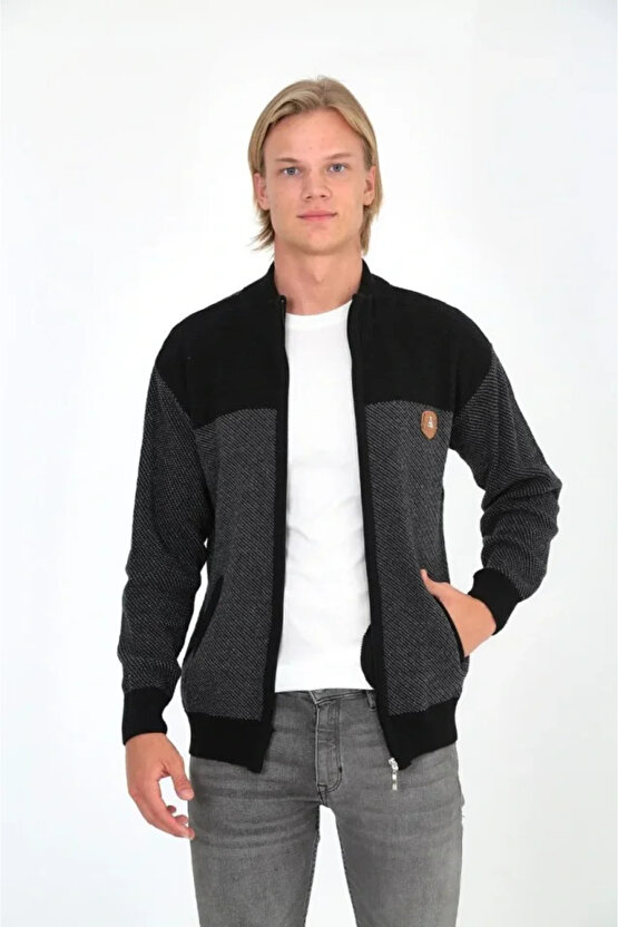 Erkek Fermuarlı Triko Hırka Yüksek Yaka, Cepli, Günlük Şık Rahat Kalıp Triko - Siyah