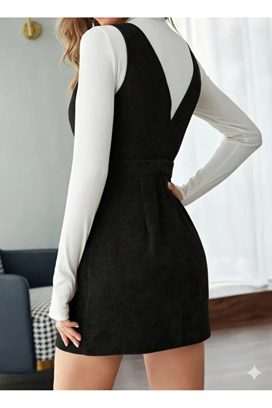 Kadın Askılı V Yakalı önden Düğmeli Mini Kalın Fitilli Kadife Elbise