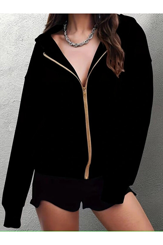 Kadın Uzun Kollu Kapşonlu Fermuarlı önden Cep Detaylı şardonlu Iki Iplik Ceket