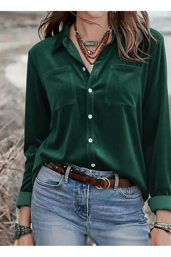Kadın Uzun Kollu Yakalı önden Düğmeli Cep Detaylı Kadife Gömlek