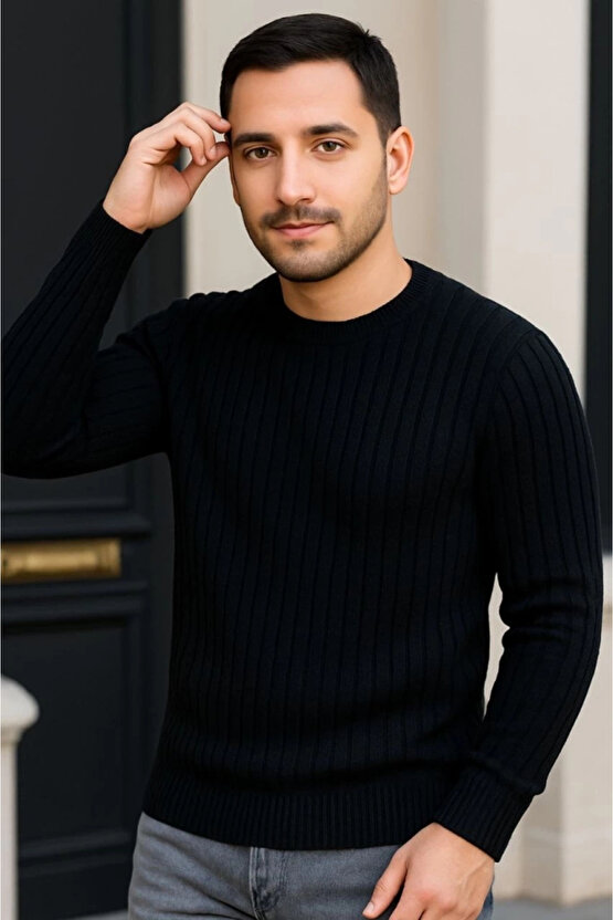 MDB Erkek Fitilli Triko Kazak 3lü et Beyaz Bordo iyah Regular Fit Bisiklet Yaka Triko eti