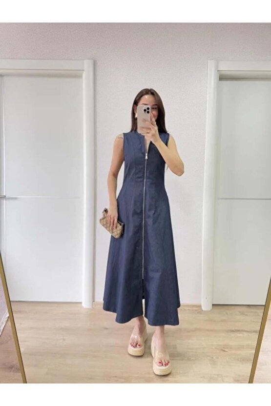Jeans Kot Önü Tam Fermuarlı Kadın Uzun Elbise - Mavi