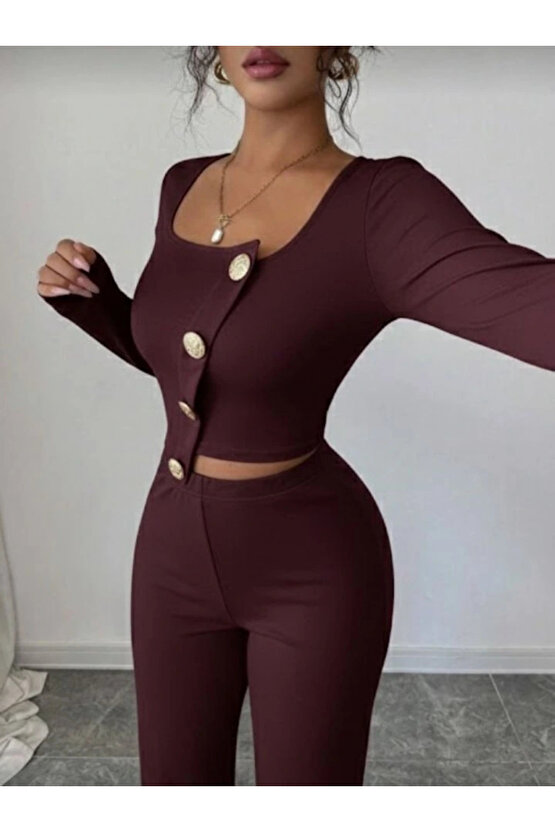 Kadın Uzun Kol Kare Yaka Asimetrik Düğme Detay Bluz Ve Yüksek Bel Pantolon Ikili Takım