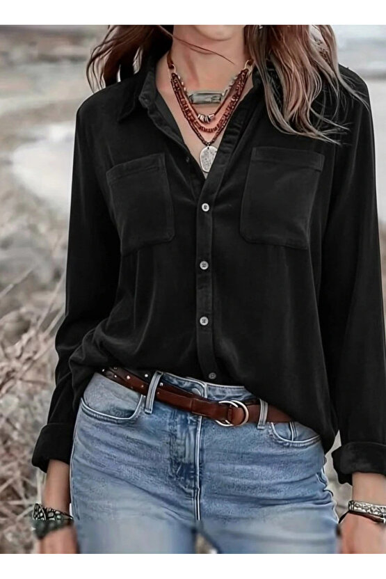 Kadın Uzun Kollu Yakalı önden Düğmeli Cep Detaylı Kadife Gömlek