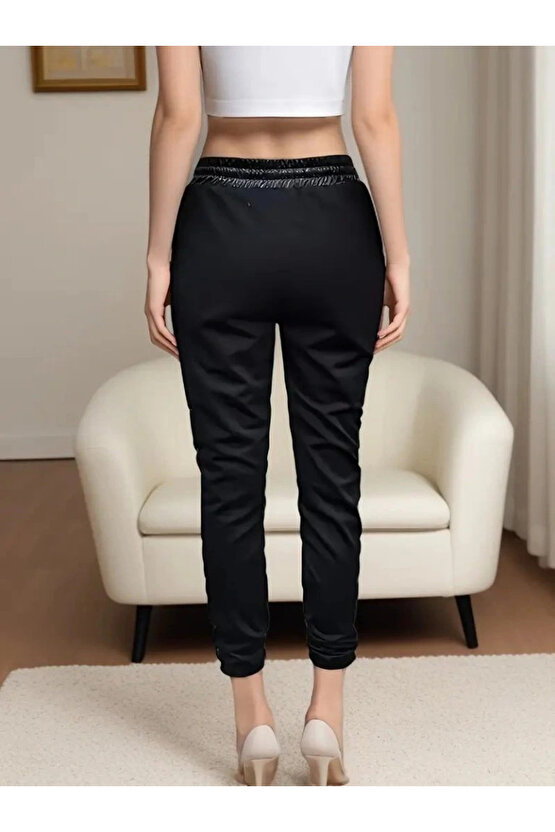 Kadın Yüksek Bel Lastikli Yanda Dantel Detaylı Bağcıklı Deri Pantolon