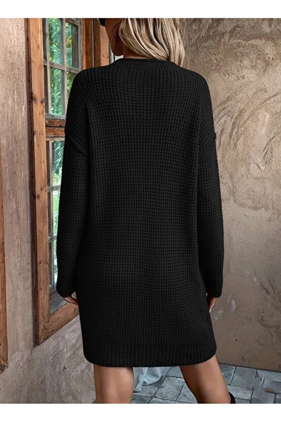 Kadın Uzun Kollu V Yakalı Düğmeli Mini Triko Elbise