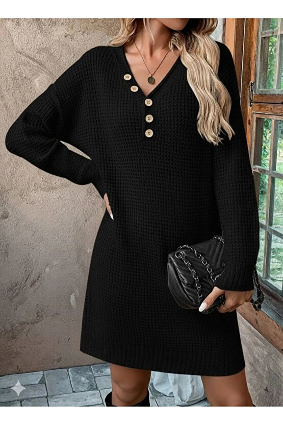 Kadın Uzun Kollu V Yakalı Düğmeli Mini Triko Elbise