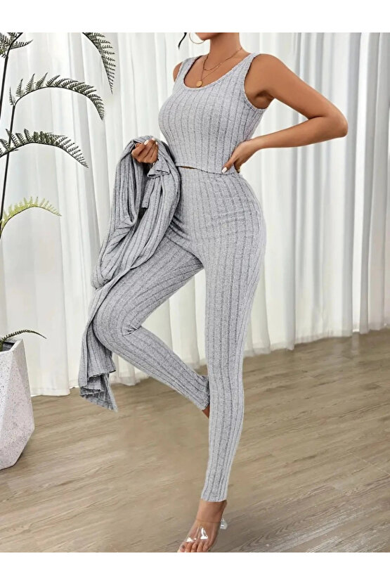 Kadın Yuvarlak Yaka Askılı Krop Bluz Yüksek Bel Tayt Ve Uzun Hırka şardonlu Kaşkorse üçlü Takım