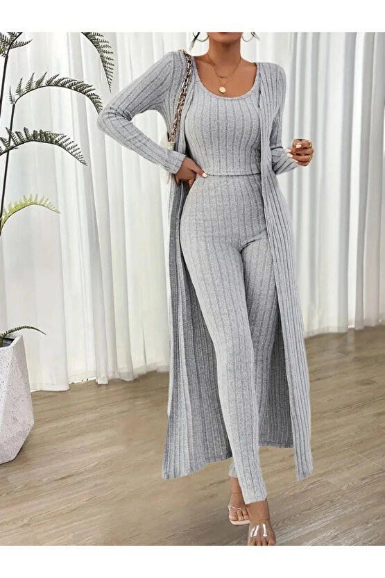 Kadın Yuvarlak Yaka Askılı Krop Bluz Yüksek Bel Tayt Ve Uzun Hırka şardonlu Kaşkorse üçlü Takım