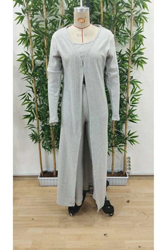 Kadın Yuvarlak Yaka Askılı Krop Bluz Yüksek Bel Tayt Ve Uzun Hırka şardonlu Kaşkorse üçlü Takım