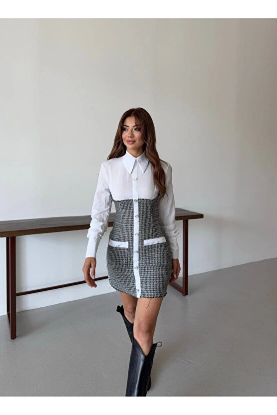 KADIN UZUN KOLLU CEP VE DÜĞME DETAY MİNİ GÖMLEK ELBİSE