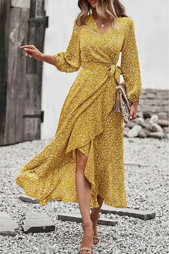 Kadın Uzun Kollu Kruvaze Yaka Yandan Bağlamalı önden Fırfır Detaylı Süprem Uzun Elbise