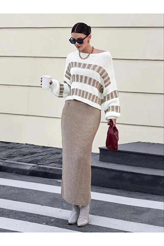 Kadın Uzun Kollu Kayık Yakalı Salaş Triko Bluz Ve Etek Ikili Takım