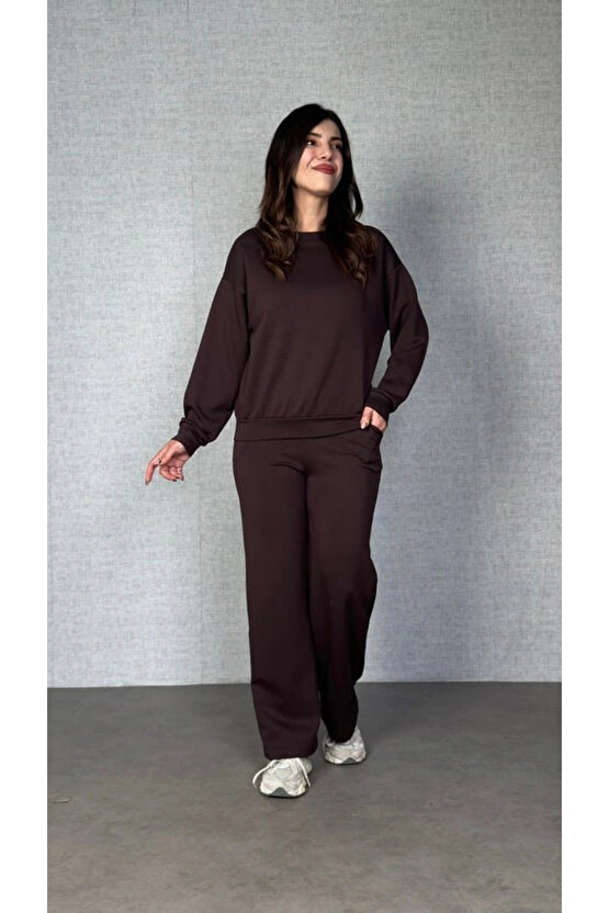 Kadın Uzun Kollu Bisiklet Yaka Viskon Iki Iplik Bluz Ve Pantolon Ikili Takım