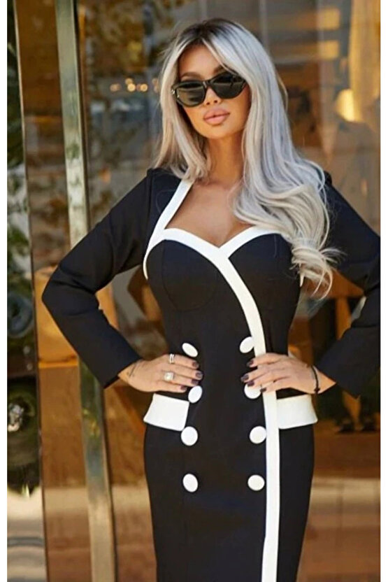 Kadın Uzun Kollu Kalp Yaka Kaplama Düğme Ve Cep Detay Elbise