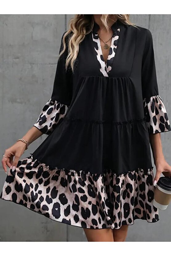 Kadın Fakir Kol V Yakalı Leopar Desen Detaylı Trikoton Elbise