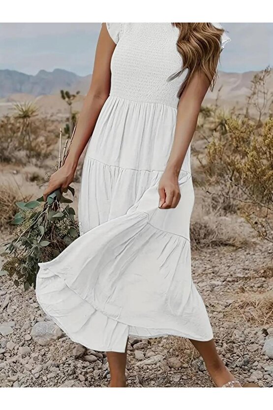 Kadın Kısa Kollu Kolları Volanlı Gipeli Aerobin Elbise