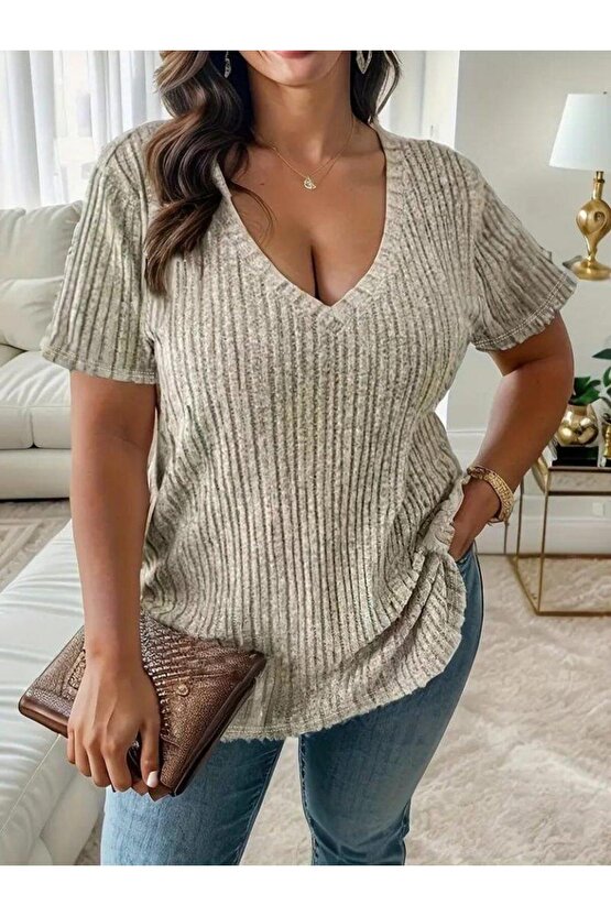 22Kadın Kısa Kollu V Yaka Fitilli Kaşkorse Bluz