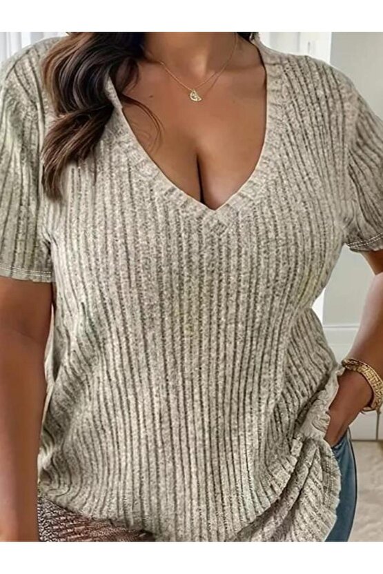 22Kadın Kısa Kollu V Yaka Fitilli Kaşkorse Bluz