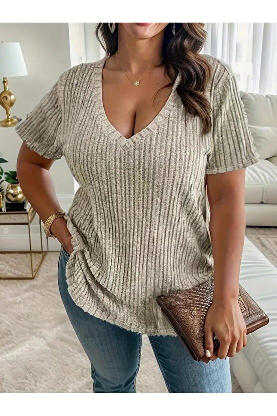 22Kadın Kısa Kollu V Yaka Fitilli Kaşkorse Bluz
